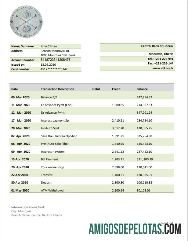 modelo de extrato bancário do Banco Central da Libéria em branco em formato Word e PDF